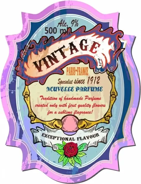 vintage label template colorful grungy rose frame sketch
