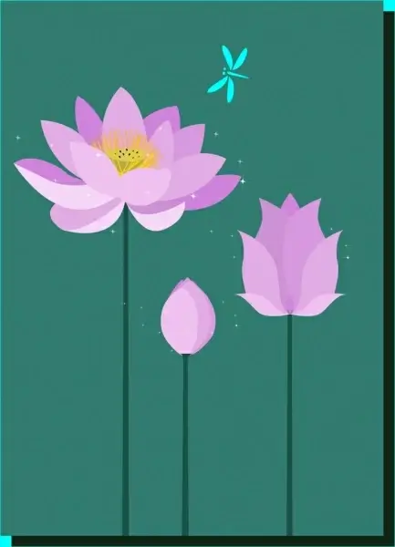 violet lotus background cartoon drawing dragonfly icon decor