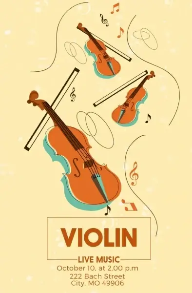 violin concert poster instruments music notes icons decoration
