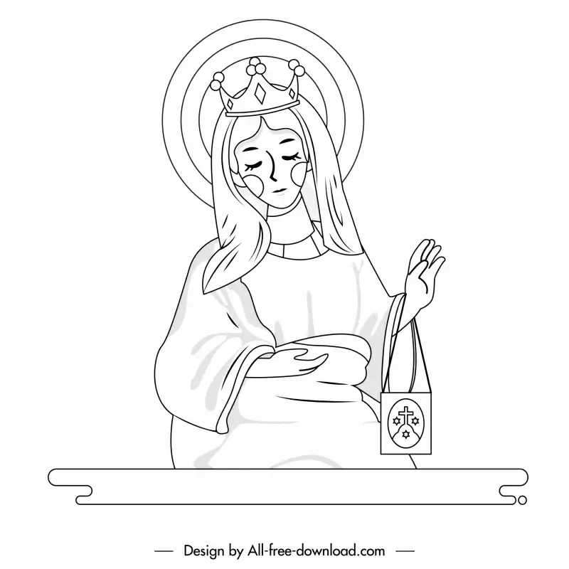 virgin mary mother icon handdrawn black white outline