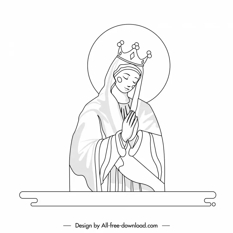 virgin mary mother icon praying gesture black white handdrawn outline