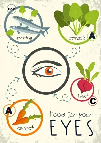 vitamin advertising eye fish vegetable icons colored flat