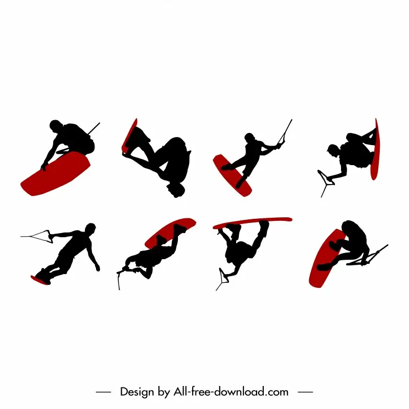 wakeboarding icons collection dynamic silhouette sketch