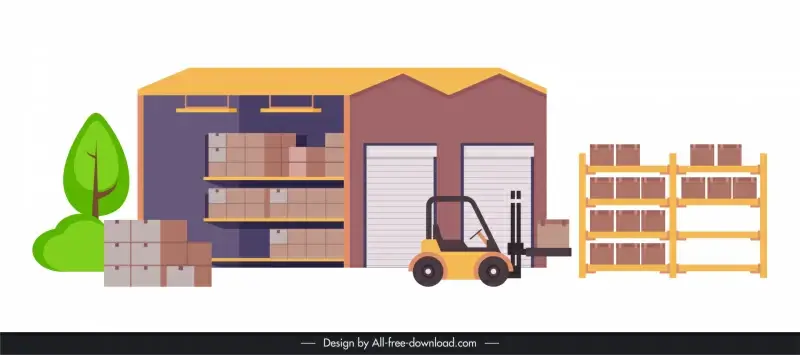 warehouse scene icon colored flat goods vehicle sketch