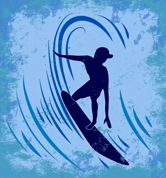 wave surfing sports background grungy retro silhouette decoration