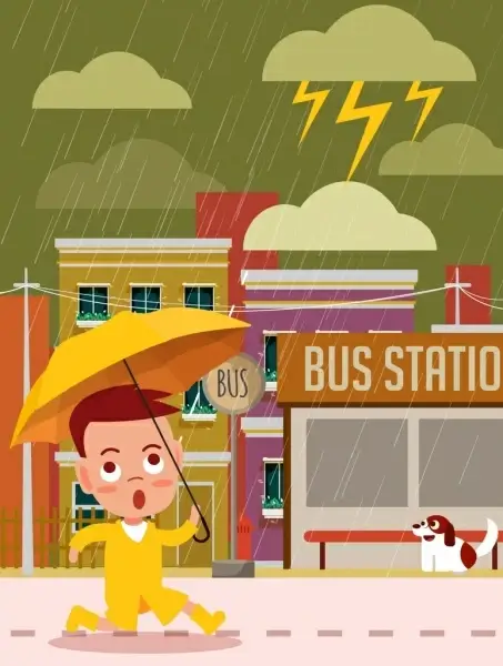 weather background kid umbrella rain icons cartoon design