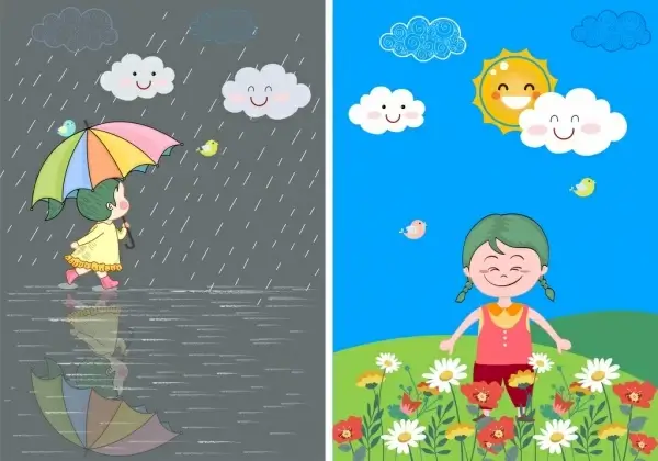 weather background rainy sunny icons colored cartoon