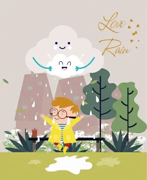weather background stylized clouds rain kids icons