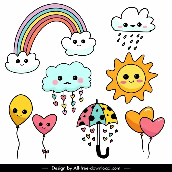 weather decor elements colorful flat cute stylized handdrawn symbols