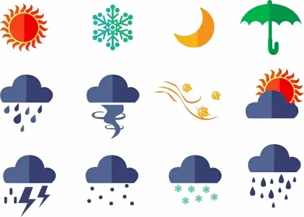 weather icons design elements various flat colored style 
