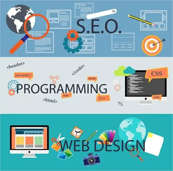 web development concepts illustration in horizontal color banners