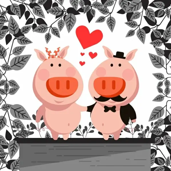 wedding background cute pigs couple icon stylized cartoon