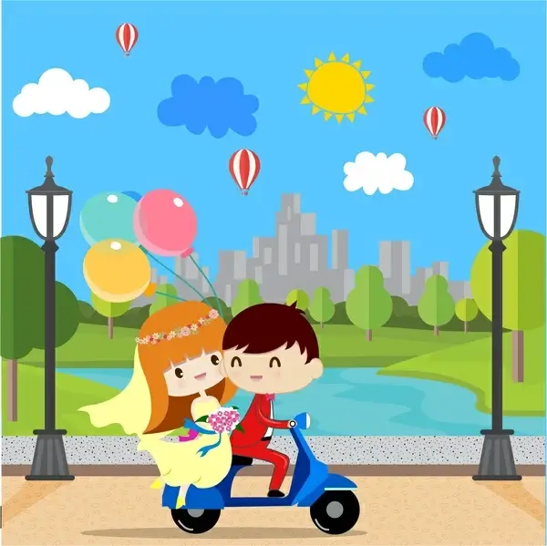 wedding background with groom and bride riding motorcycle