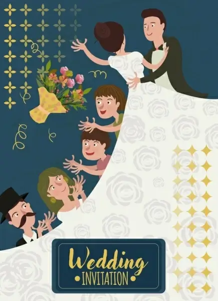 wedding banner groom bride guests icons cartoon design