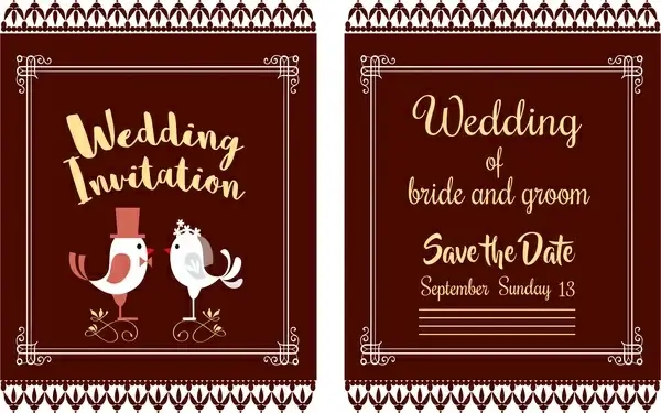 wedding card design classical style with birds couple 