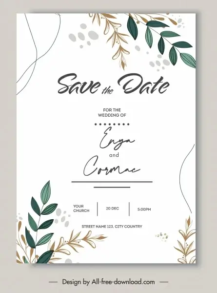 wedding card template bright classic leaves decor