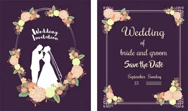 wedding card template classical style floral violet background