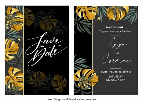 wedding card template dark design elegant classic leaves