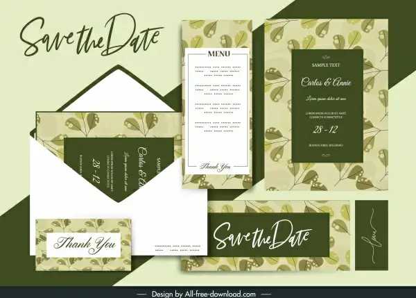 wedding card template elegant retro green leaves decor
