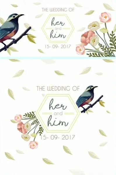 wedding card template flowers sparrow icons multicolored decor