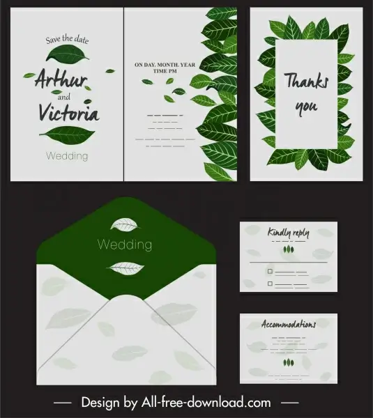 wedding card template green leaves decor