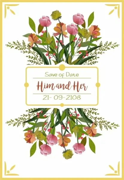 wedding card template multicolored flowers decor reflection design