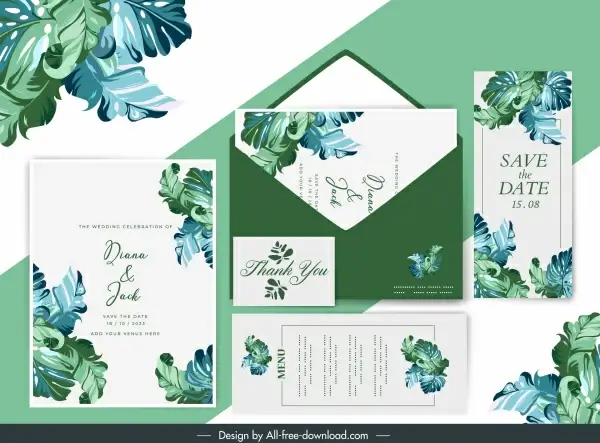 wedding card template natural leaves decor classic design