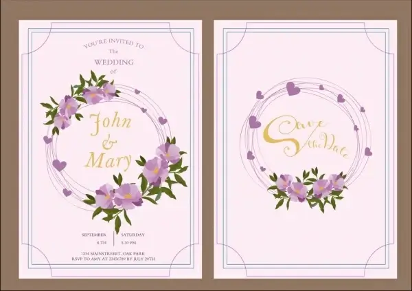 wedding card template purple flowers hearts decoration