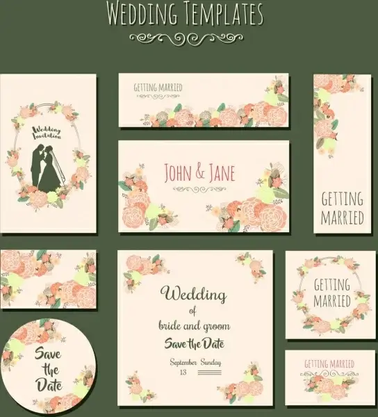 wedding card templates colorful flowers marriage couple icons