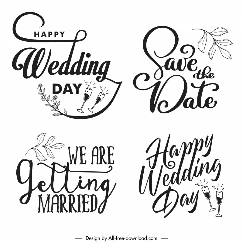wedding wishes design elements flat black white calligraphic texts leaf wineglasses sketch classic design 
