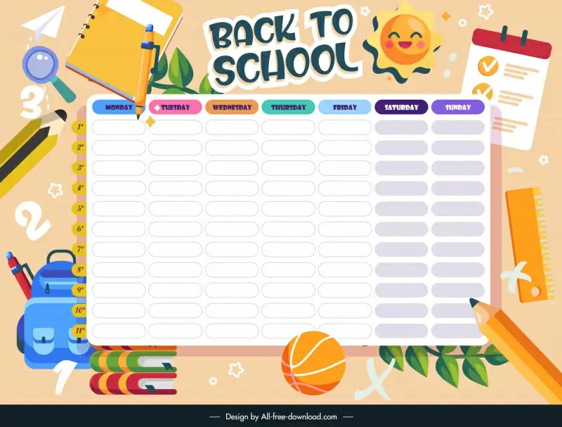 weekly planner template colorful school elements flat sketch