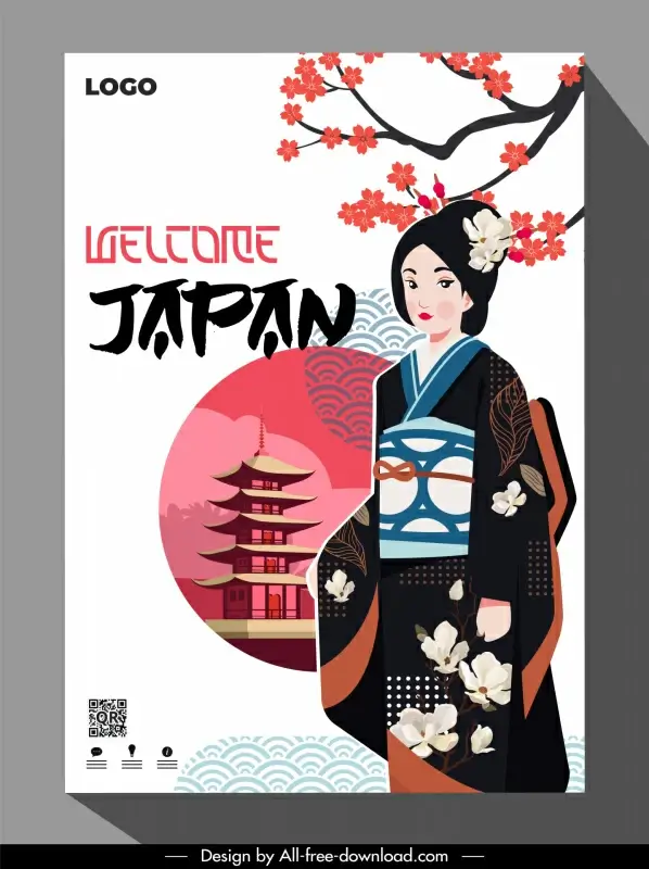 welcome japan poster template cute cartoon geisha sun castle sakura decor 