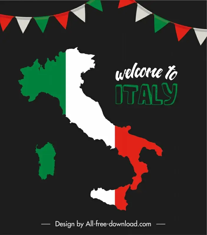 welcome to italy baner template flag map elements flat dark design 