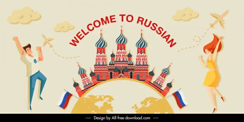 welcome to russian banner joyful people palace architecture globe airplanes sketch