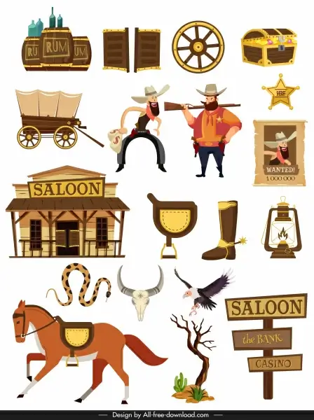 western cowboy design elements colored classic symbols sketch