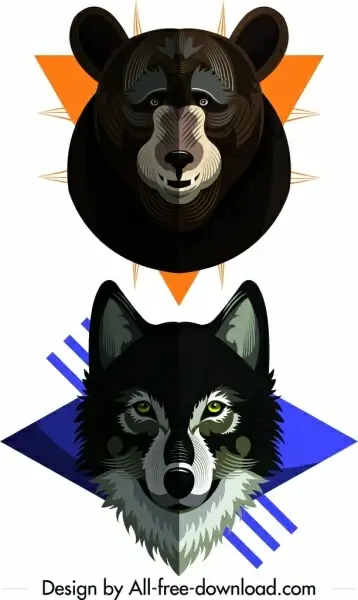 wild animal icons bear wolf heads decor 
