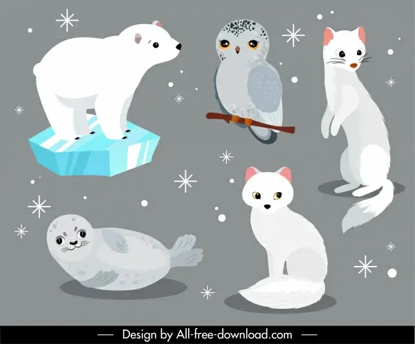 wild animals icons cute fox seal owl bear