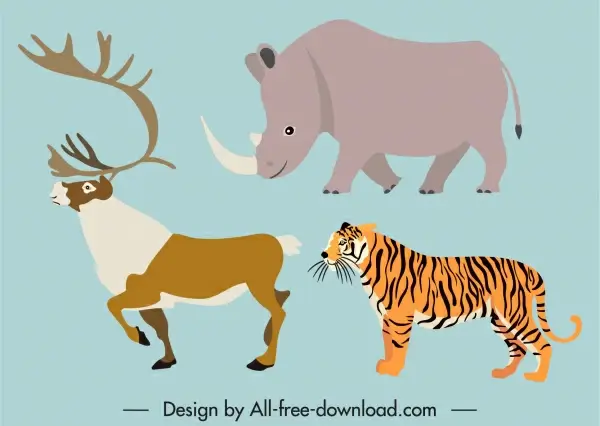 wild animals icons rhino tiger reindeer sketch