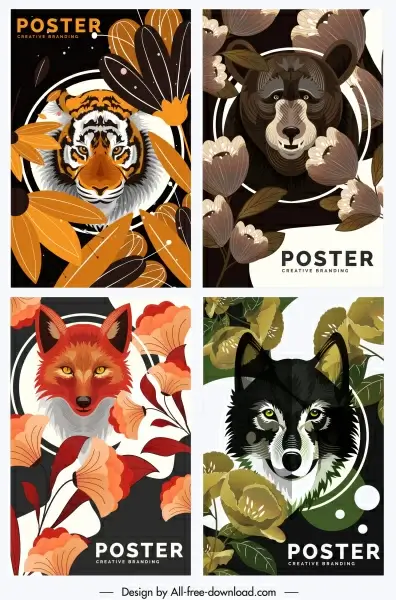 wild animals posters tiger bear fox wolf sketch