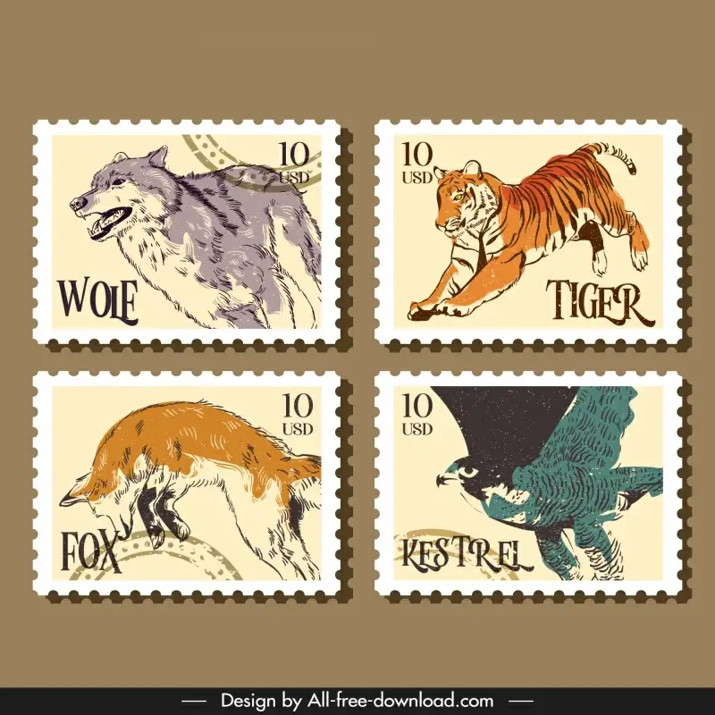 wild animals stamps template dynamic handdrawn retro sketch