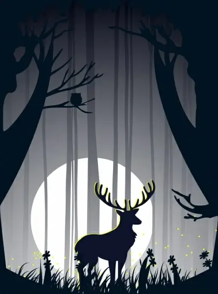 wild forest background moonlight reindeer icon silhouette style