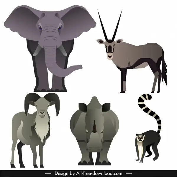 wild herbivores animals icons dark grey decor