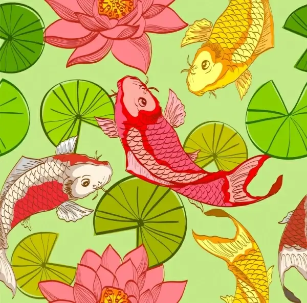 wild life background lotus fish icons colorful design