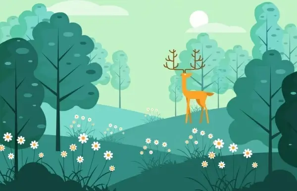wild life background reindeer grassland icons cartoon design 