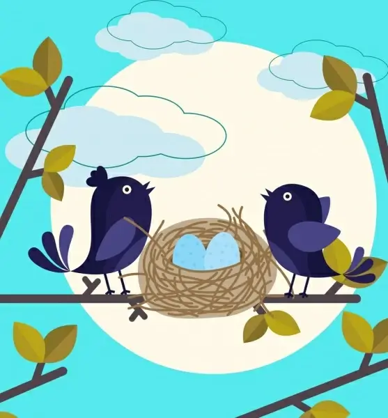 wild nature background bird nest icon colored cartoon
