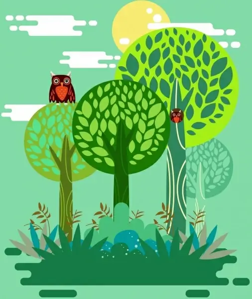 wild nature background green trees owls icons