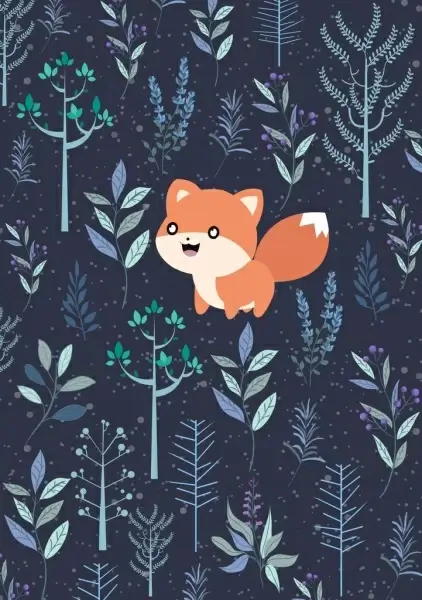 wild nature background trees fox icons cartoon design