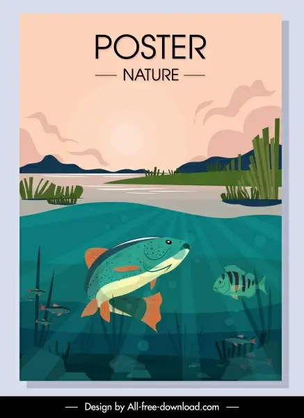 wild nature banner fish school sketch colorful classic