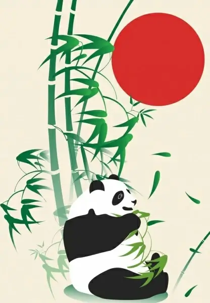 wild nature drawing panda bamboo red sun decoration