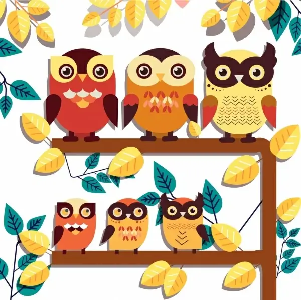 wild nature drawing perching owl leaves icons